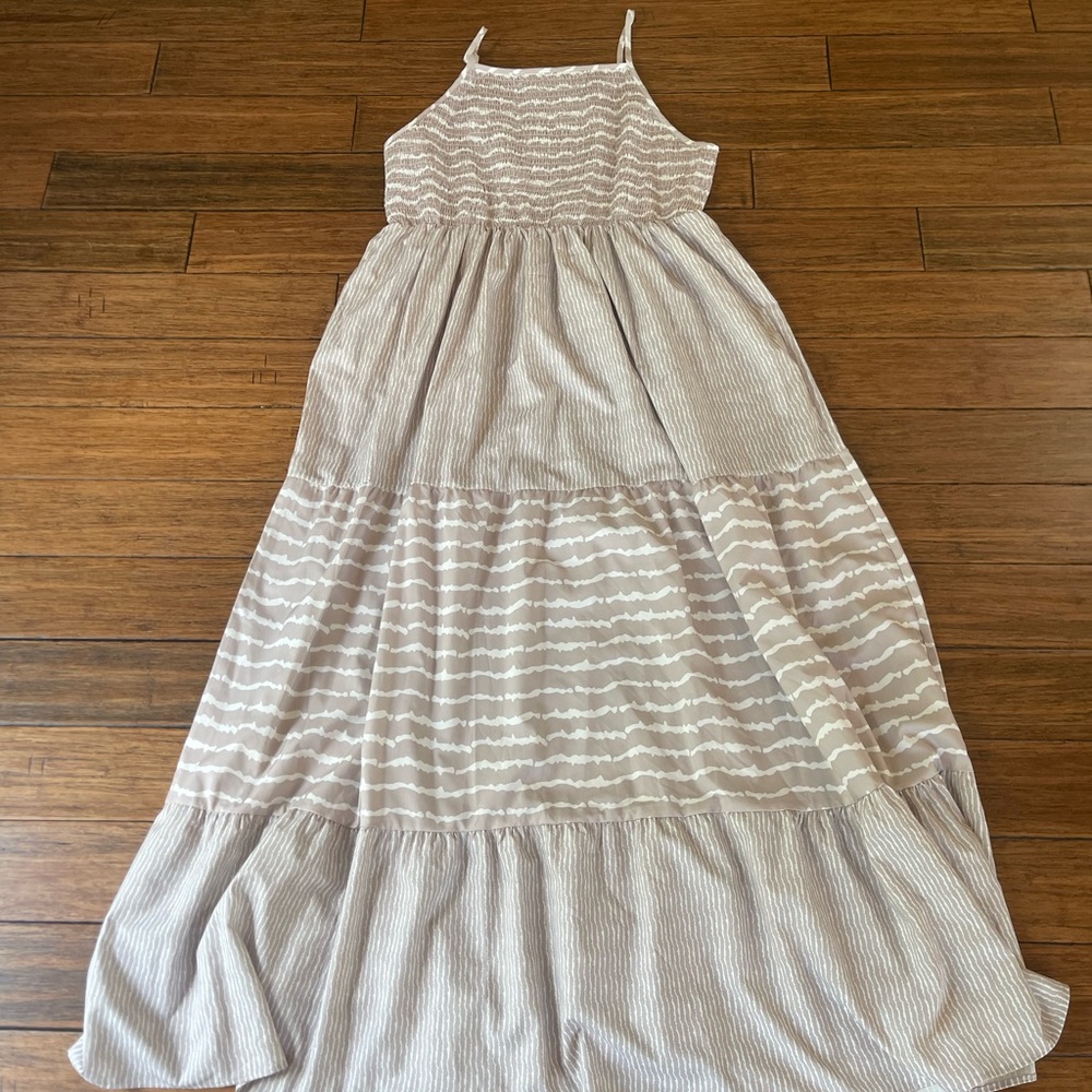 Elegant Beige Striped Maxi Dress